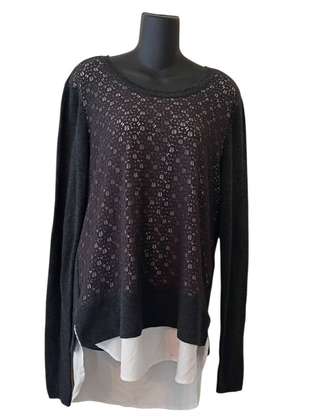 Gray Layered Look Lace Front Sweater Long Sleeve Top - Large Crew Neck Crocheted